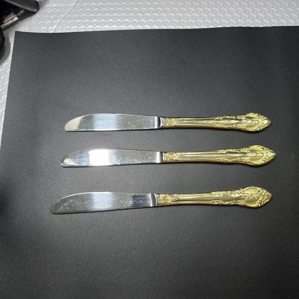 Vintage Hanford Forge LTD Gold Plated Stainless Steel Dinner Knives  Set Of 3